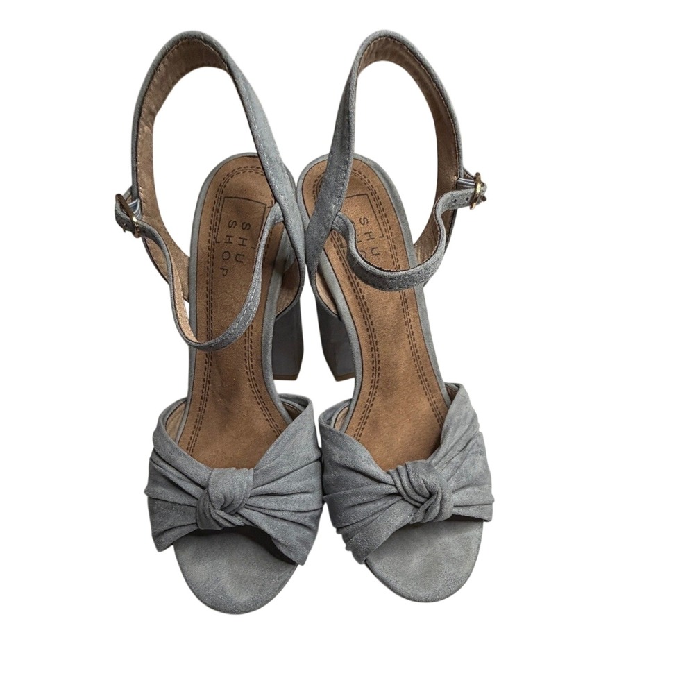 Shu Shop‎ Blue Grey Faux Suede Knotted Platform Block Heel Sandals Womens  7/12